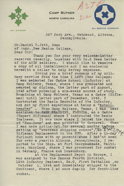 Letter from Sgt. Michael Joseph Deffley to Dean Daniel B. Jett