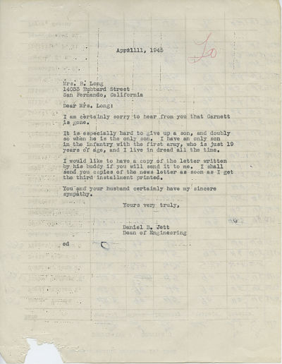 Letter from Dean Daniel B. Jett to Pvt. Garnett Belden Long's [Infantry] mother