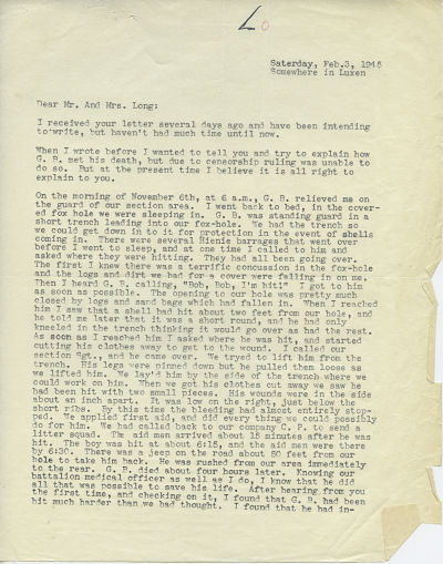 Letter from Bob Foster to Pvt. Garnett Belden Long's [Infantry] parents