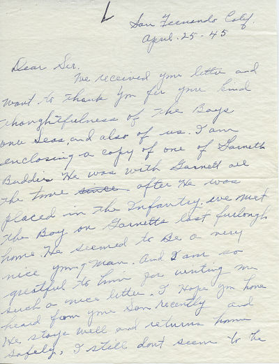 Letter from Pvt. Garnett Belden Long's [Infantry] mother to Dean Daniel B. Jett