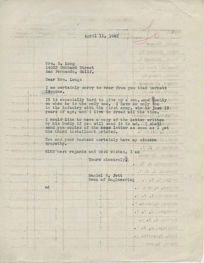 Letter from Dean Daniel B. Jett to Pvt. Garnett Belden Long's [Infantry] mother