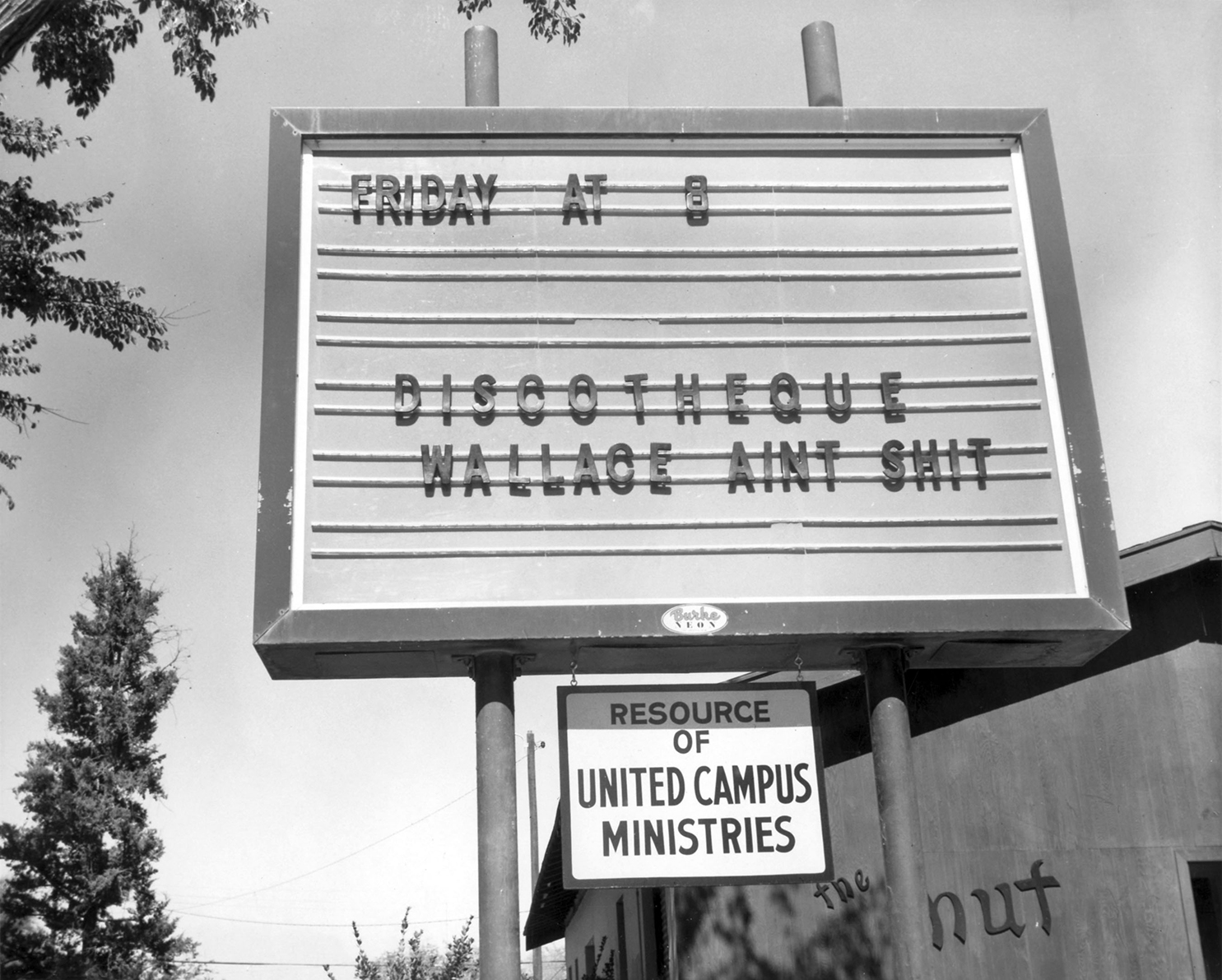 black and white photograph of a marquee at The Hut