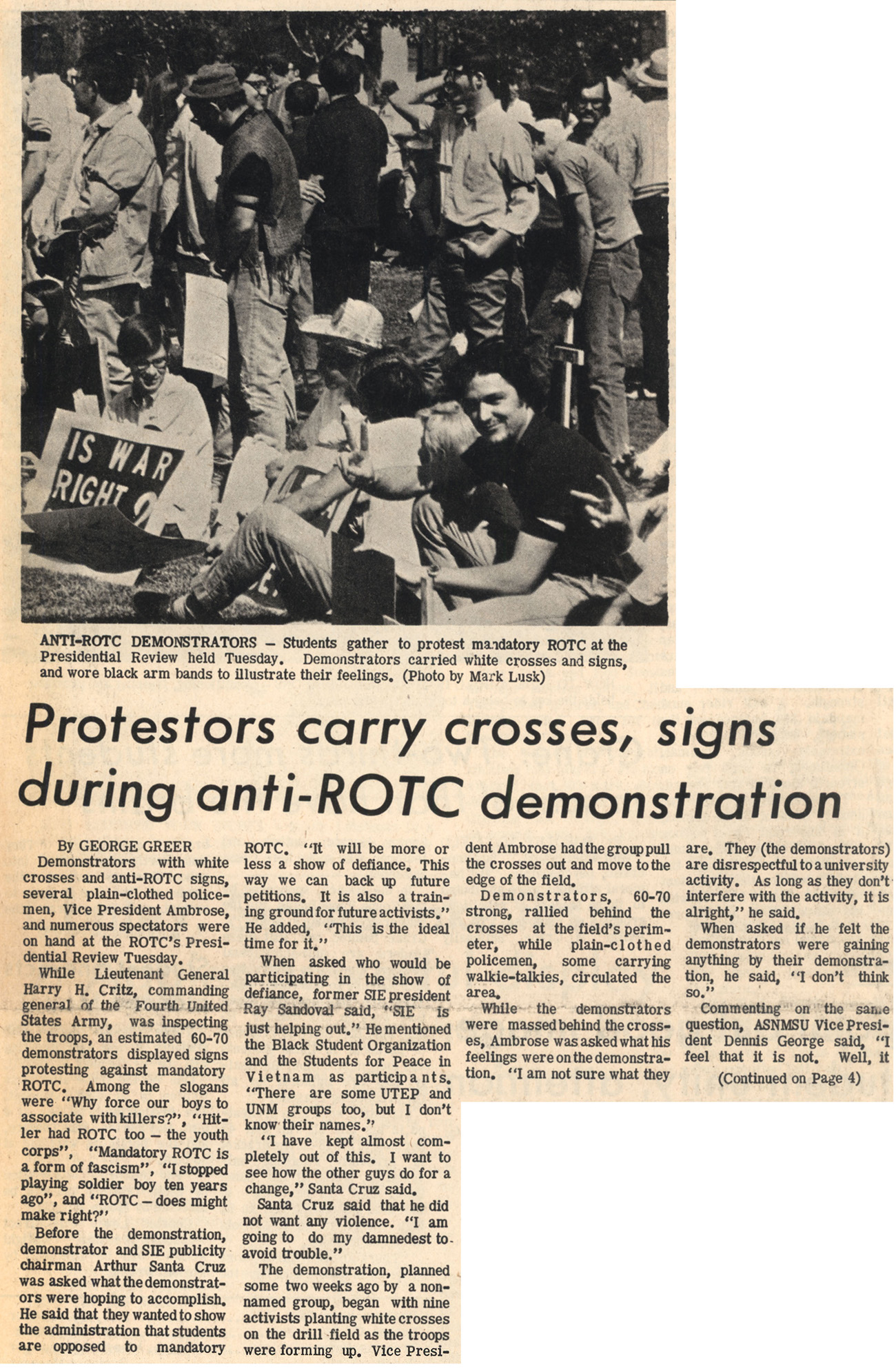 newspaper clipping with photograph titled Protestors carry crosses, signs during anti-ROTC demonstration