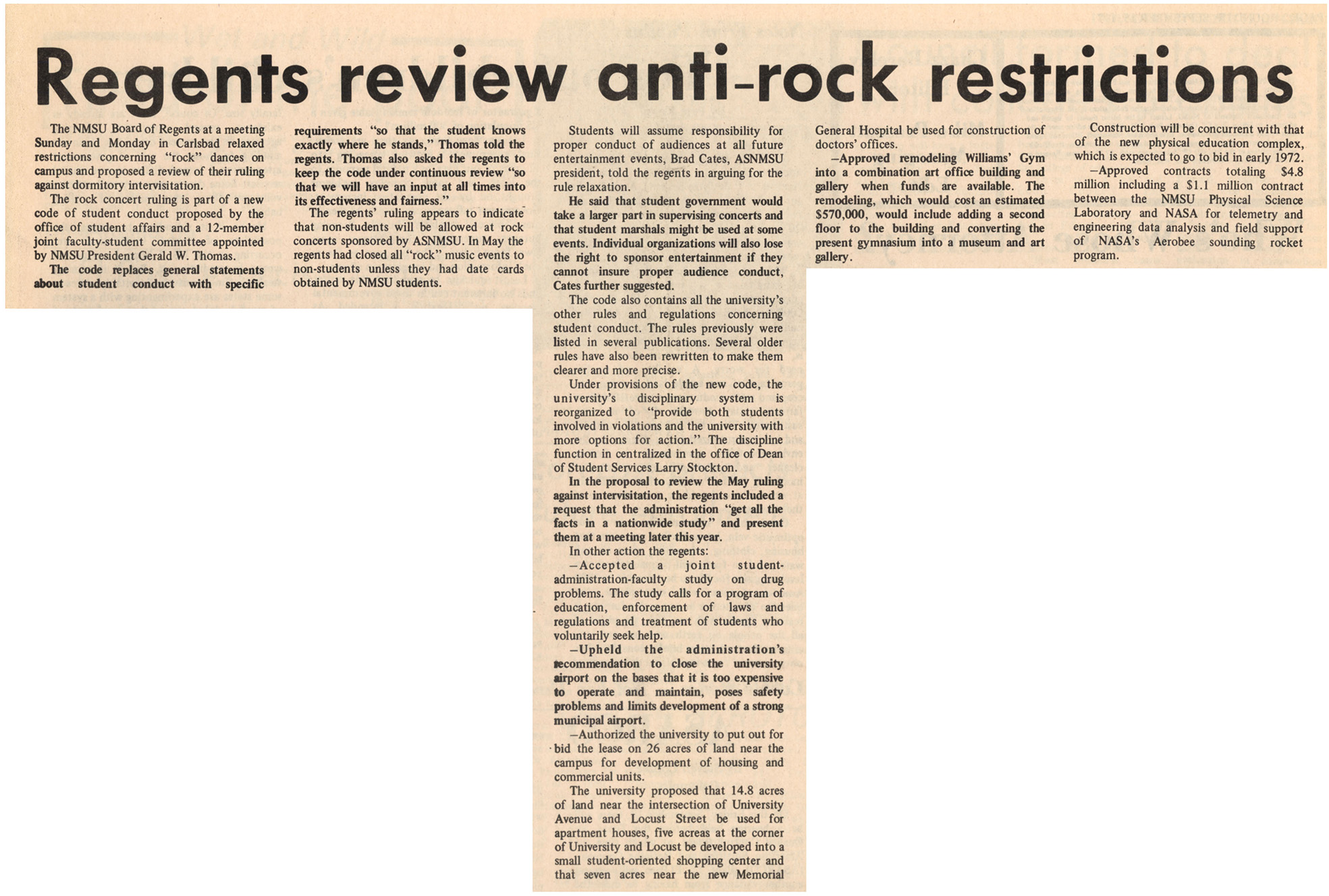 newspaper clipping for article titled Regents review anti-rock restrictions