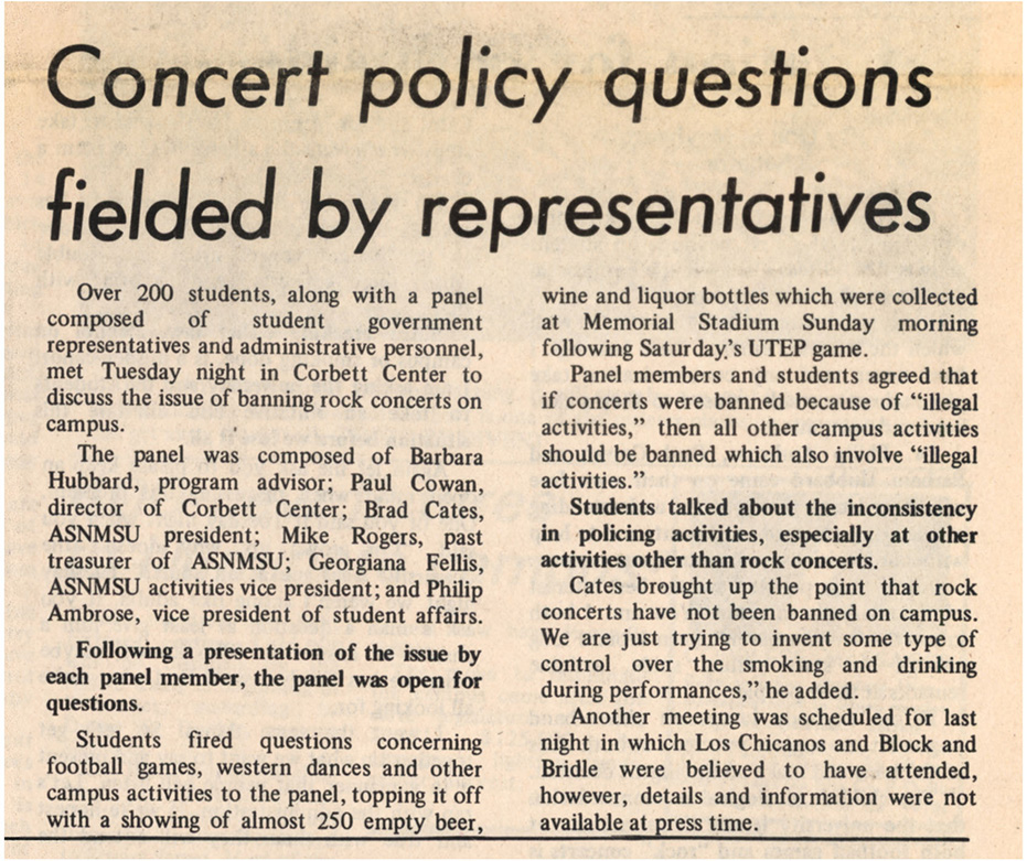 newspaper clipping for article titled Concert policy questions fielded by representatives