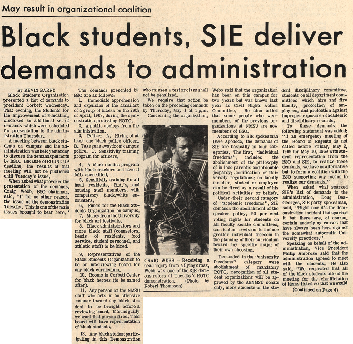 newspaper article titled Black students, SIE deliver demands to administration