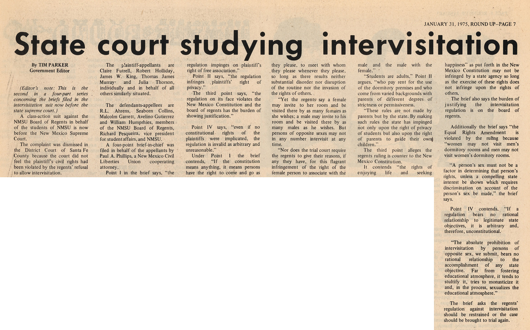 newspaper clipping of article titled State court studying intervisitation