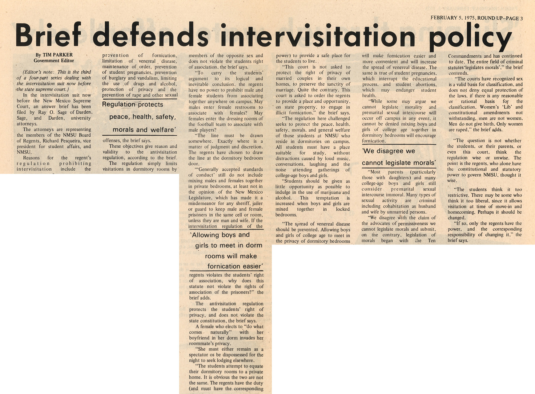 newspaper clipping of article titled Brief defends intervisitation policy