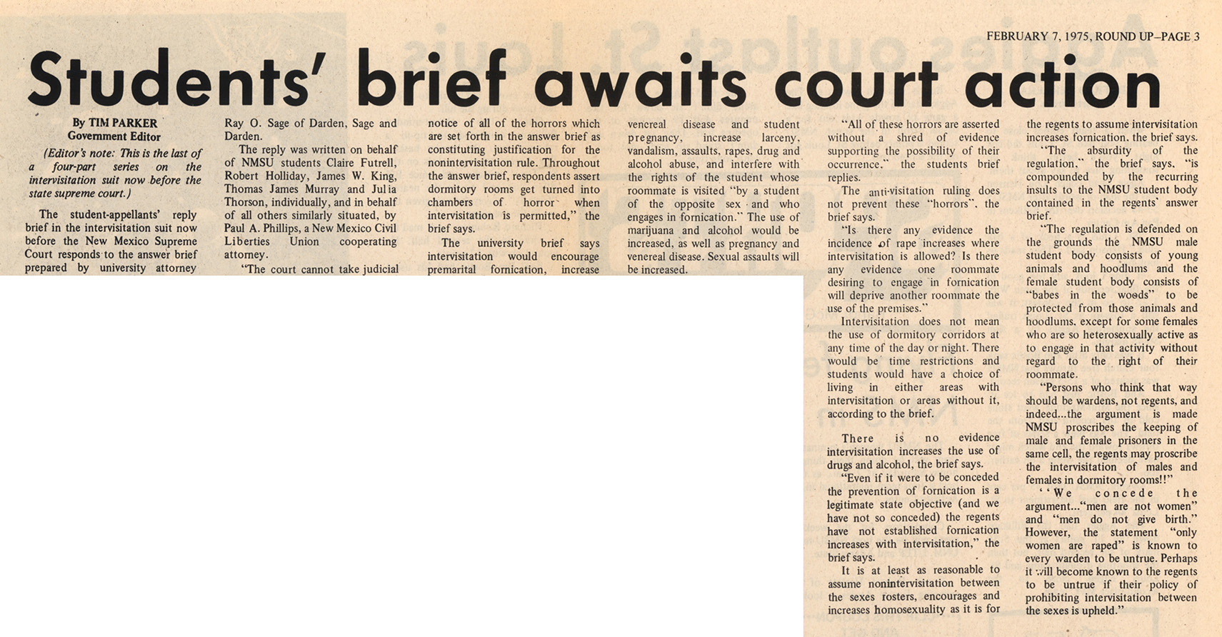 newspaper clipping of article titled Students' brief awaits court action
