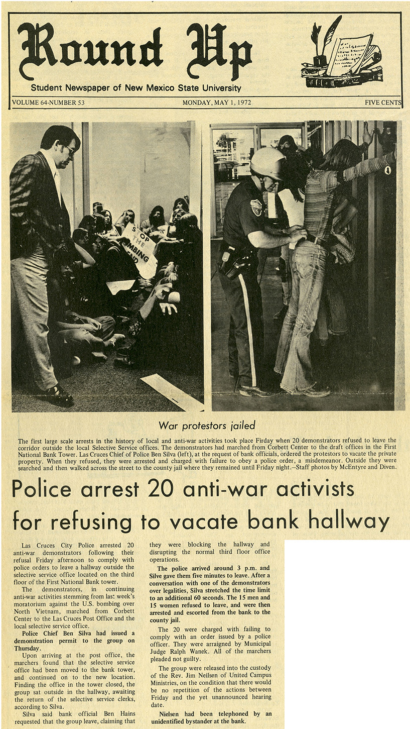 newspaper clipping from The Round Up of article titled Police arrest 20 anti-war activists for refusing to vacate bank hallway, with two black and white photographs of protestors