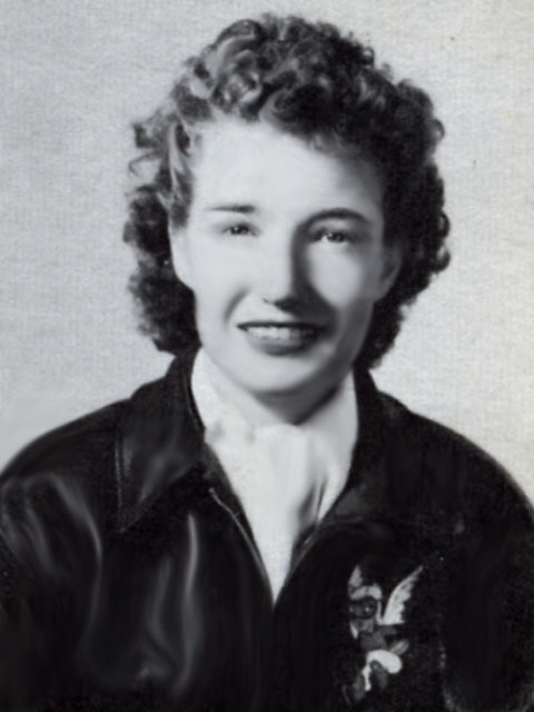 black and white portrait of Kathleen Kelly wearing an aviator's jacket
